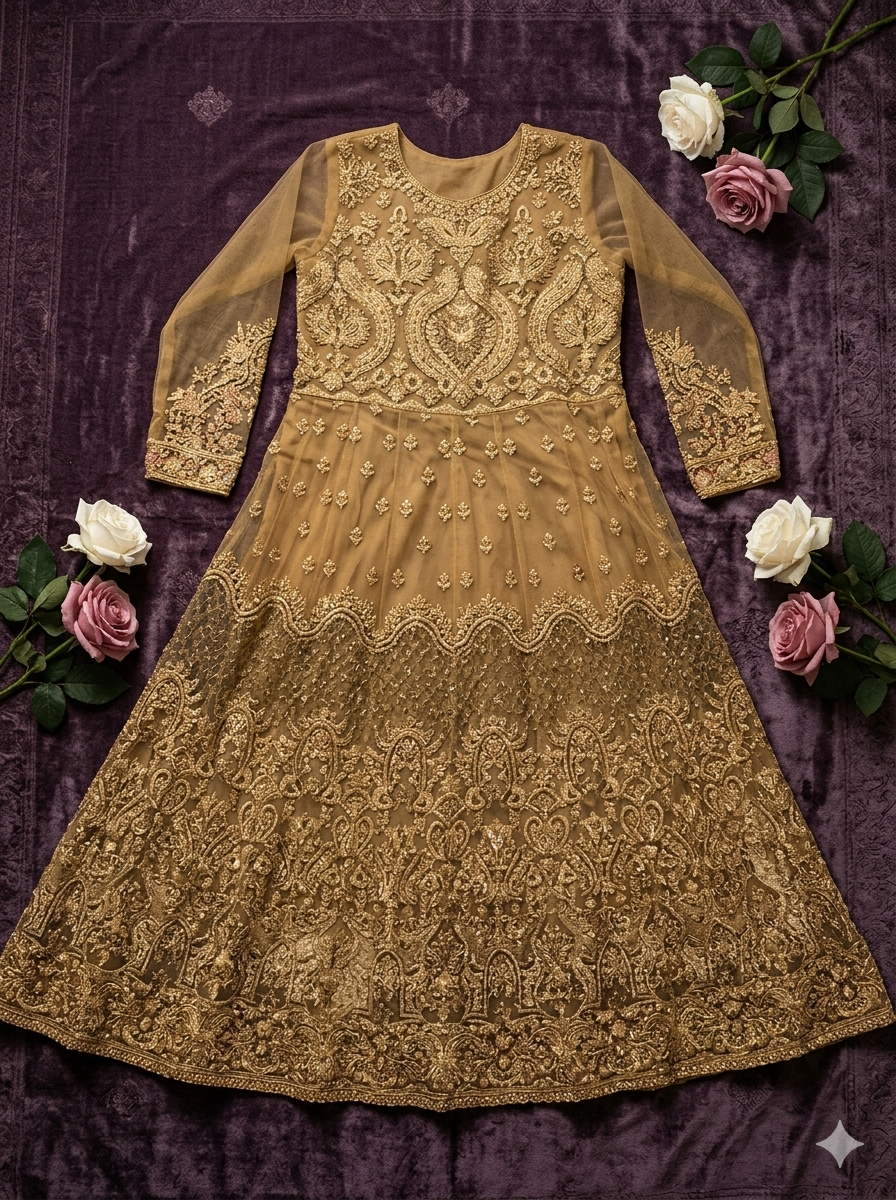 • HABIBIZ | Premium Embroidered Net Festive Maxi (Mustard Yellow)