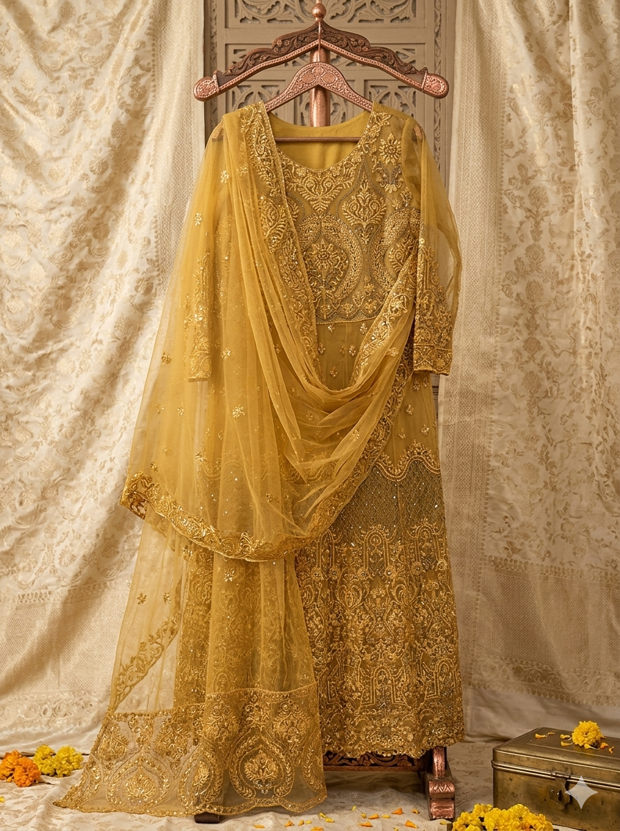 • HABIBIZ | Premium Embroidered Net Festive Maxi (Mustard Yellow)