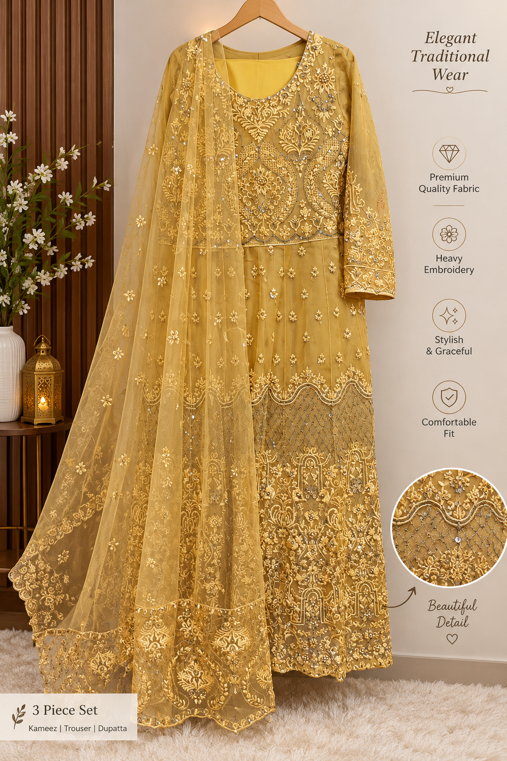 • HABIBIZ | Premium Embroidered Net Festive Maxi (Mustard Yellow)